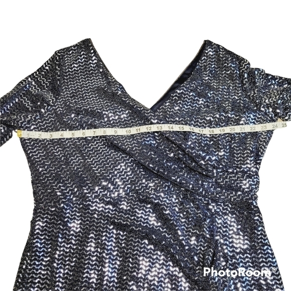 Betsy & Adam Navy Blue Sparkly Metallic Chevron Sequin Wrap Top Dress Size 20W - Picture 9 of 11